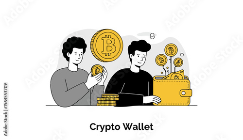 Young adults holding crypto coins depositing into a yellow crypto wallet in a simple, modern illustration.