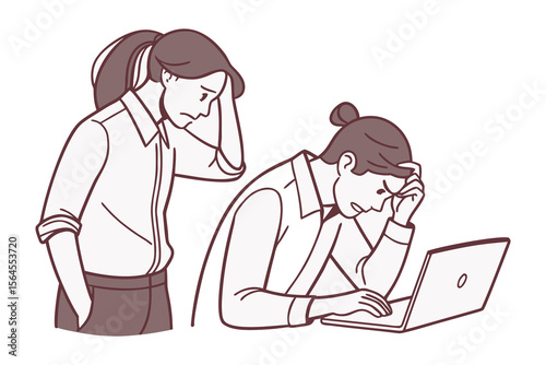 Two distressed colleagues experiencing frustration and stress while working together on a laptop in an office environment