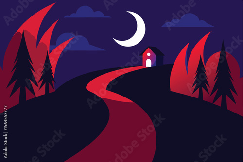 Serene Night Landscape House on Hilltop Path with Crescent Moon