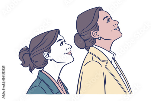 Two women looking upwards with hopeful expressions one younger and one older in a stylized illustration