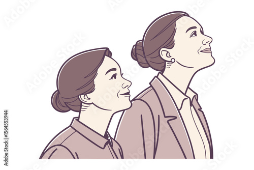 Two women in profile one younger and one older looking upwards with hopeful expressions and smiles
