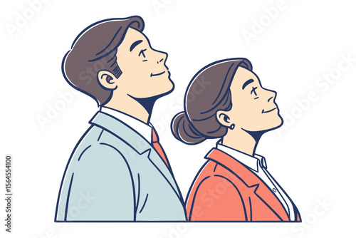 A man and a woman in business attire look upwards with hopeful expressions symbolizing optimism and future aspirations