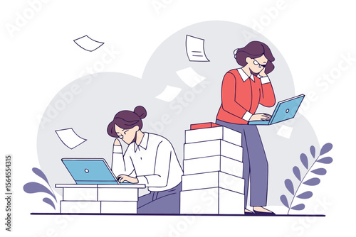 Overwhelmed office workers struggling with heavy workloads and stress while using laptops amidst scattered papers and tall stacks of documents