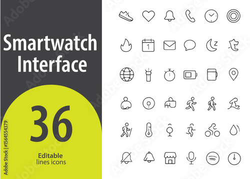 Smartwatch Interface Line Icons, Heart Rate, Steps Counter, Clock, Notification, App Grid, Editable Formats: AI, EPS, JPG, , Ideal for Both Digital and Print Use
