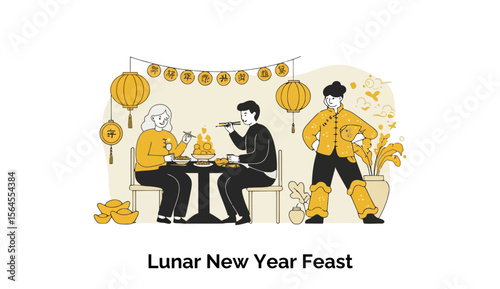 Lunar New Year celebration with diverse adults in traditional Chinese clothing, seated around a table, sharing a meal in a decorated interior space.