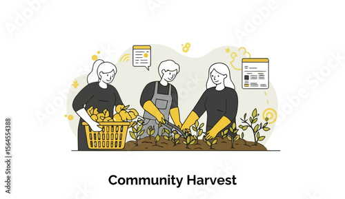 Community members in casual clothing harvest crops in a garden setting. Adults working together with plants and a basket of produce in a community garden.