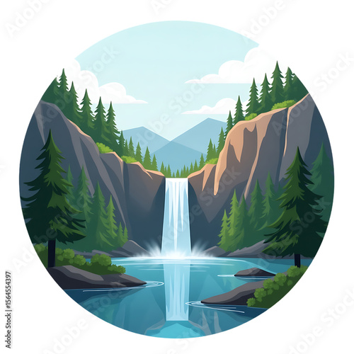 Beautiful waterfall cascading into a serene lake surrounded by pine trees and mountains isolated on transparent background