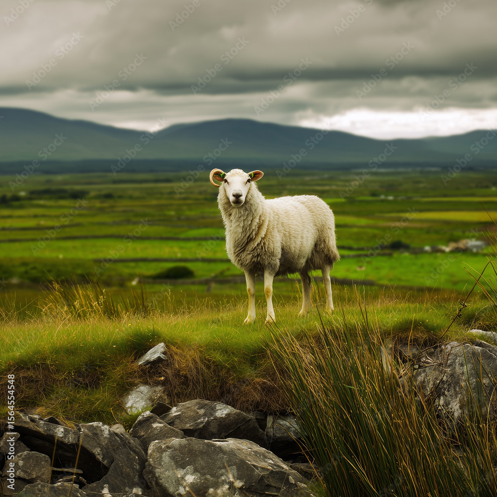 Obraz premium A single sheep stands calmly on lush green Irish countryside with mountains in the distance under a moody sky.