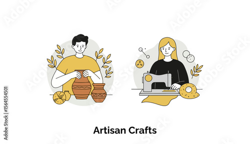 Young male potter shaping clay pot with female tailor operating sewing machine at a workspace, featuring artisan crafts. Young adult craft professionals working at home.