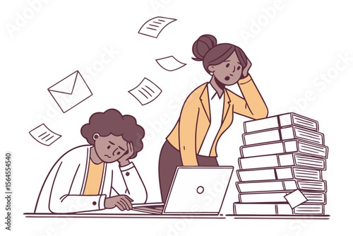 Overwhelmed office workers facing mountains of paperwork and digital tasks with stressed expressions