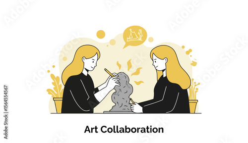 Two female artists are collaborating on a large sculpture, skillfully shaping and molding clay together at a workbench in a bright, modern art studio environment.