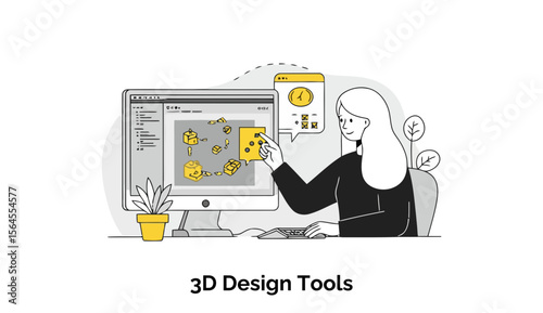 Female designer working on 3D design software at a home office. Interacting with digital model of product components, using a computer in a home workspace.