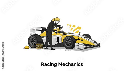 Female racing mechanic working on a Formula 1 race car at a pit stop. Female professional working on a racing vehicle at a race track.