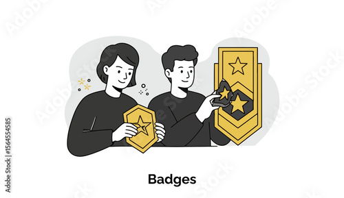 Young adults in casual wear examine military badges. Friendly collaboration with awards in a modern setting. Community members with their professional roles in a general setting -
