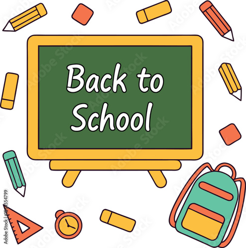 Back to school blackboard with pencils erasers backpack ruler and clock