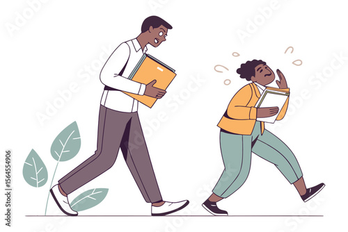 A confident man with a folder walks briskly past a flustered person carrying papers symbolizing contrasting work attitudes