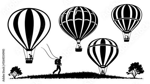 Silhouette Collection of Hot Air Balloons in Various Natural Poses, Isolated on Clean White Background for Travel and Adventure Vector Design