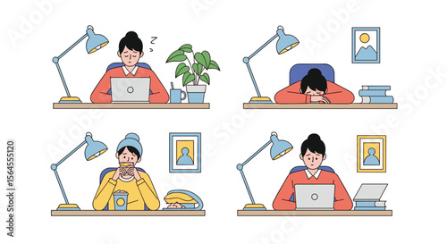 Illustrations depicting people working at desks with laptops and lamps