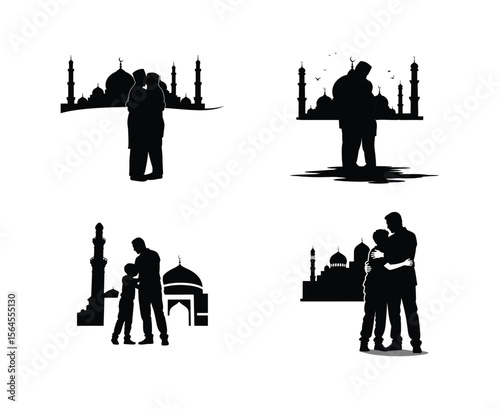 Father and Son Hugging with Mosque Background Vector Illustration, Islamic Family Love Concept Silhouette Art