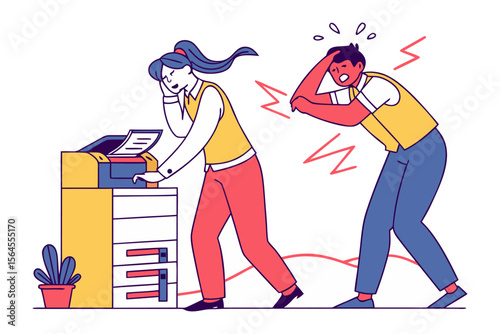 Frustrated office workers experience printer problems and stress highlighting common workplace technological challenges and employee frustration