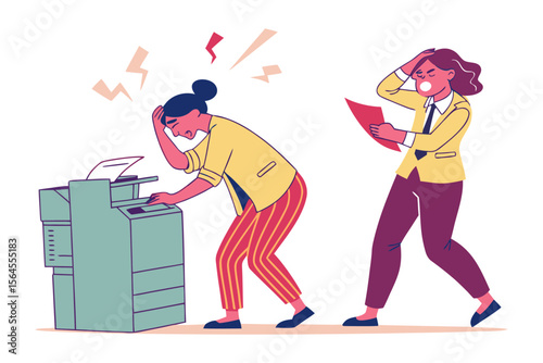 Frustrated office workers experiencing printer malfunctions and workplace stress during a busy workday