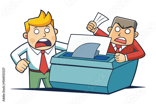 Two cartoon businessmen react with shock and frustration to a jammed office printer with paper stuck