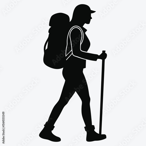 Active Woman Hiking with Trekking Poles Silhouette