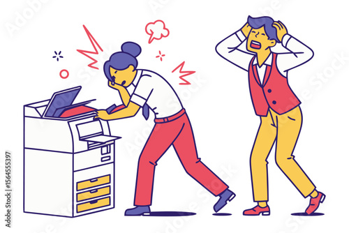 Frustrated office workers experience a malfunctioning printer causing stress and exasperation in a modern workplace setting