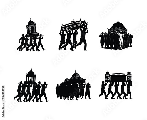 Taziya Procession with Islamic Structure Vector Silhouette Illustration, Muharram Mourning Ritual Art