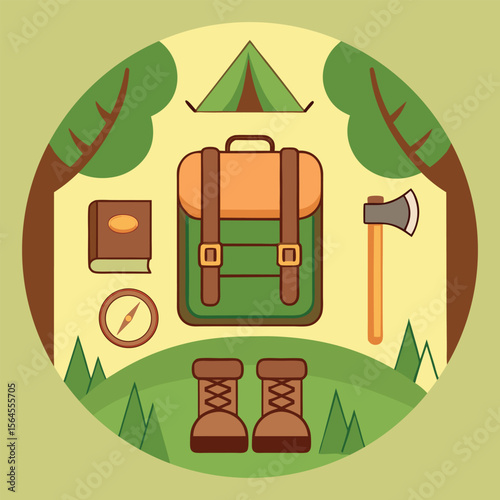 Camping and hiking essentials arranged in a circular nature scene with trees and hills