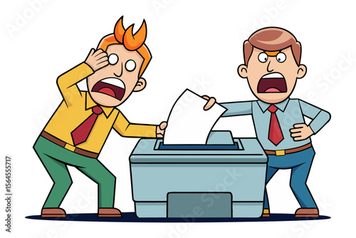 Two distressed cartoon businessmen react with shock and panic as they try to feed a document into a malfunctioning printer