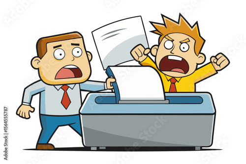 Frustrated businessmen argue over a paper shredder as one tries to feed documents into the machine while the other protests