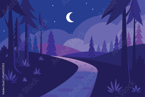 Serene Nighttime Forest Path A Peaceful Landscape Illustration