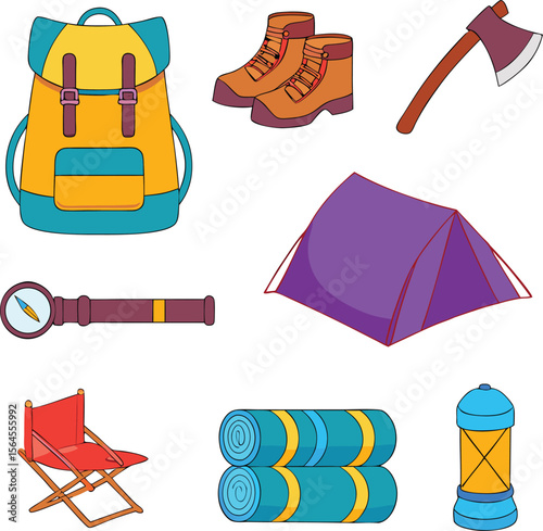 Cartoon camping gear including backpack boots tent compass chair sleeping mats and lantern