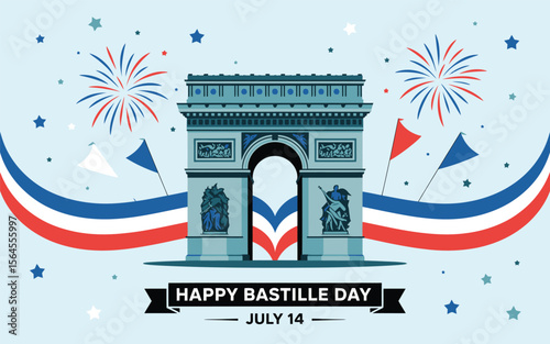 bastille day celebration with arc de triomphe, fireworks, and french flags - national holiday of france on july 14, patriotic design