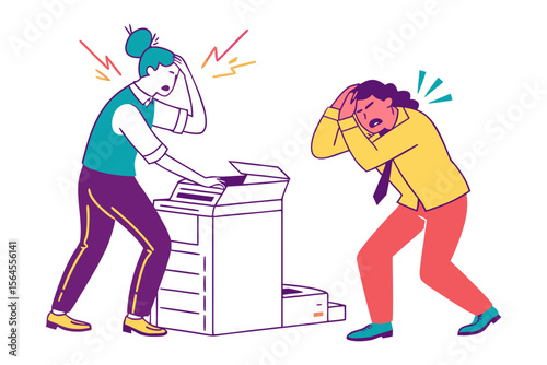Two stressed office workers react with shock and frustration to a malfunctioning printer holding their heads in despair
