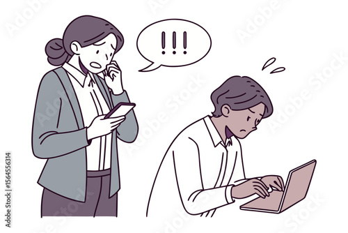 Two colleagues experience stress and anxiety while working on a project one on a phone call and the other on a laptop