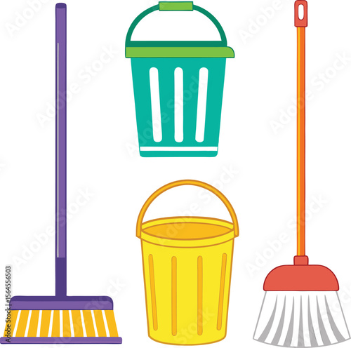 Colorful cartoon cleaning tools including two buckets and two brooms on white background