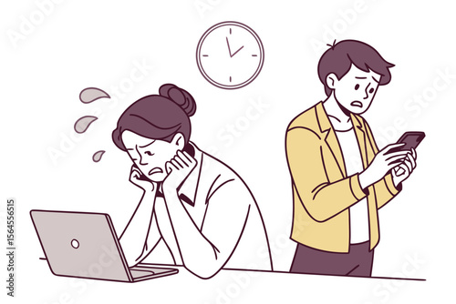 Two stressed individuals one working on a laptop and the other on a phone looking worried under a clock indicating pressure