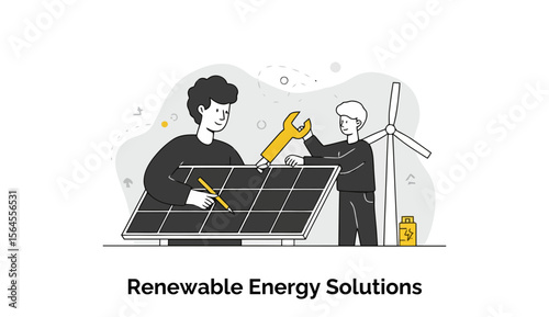 Two male technicians in casual clothing work on a solar panel and wind turbine, demonstrating renewable energy solutions.