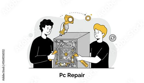 Two young, focused male technicians wearing matching black t-shirts are carefully working together to diagnose and repair the internal components of a desktop computer tower.