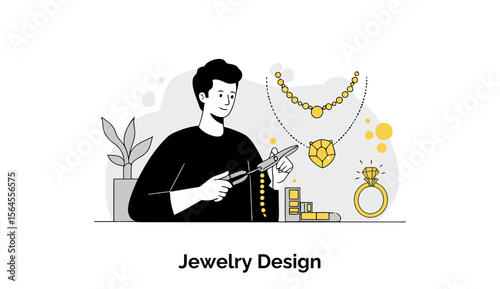 Young male jewelry designer working on necklaces and rings in a workshop setting. Focused on creating jewelry pieces, using tools, at a workstation.