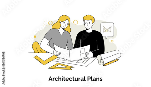 Two young adults, female and male, in casual clothing, reviewing architectural plans at a desk in an office setting. Focused collaboration of architects on a project in a modern office space.