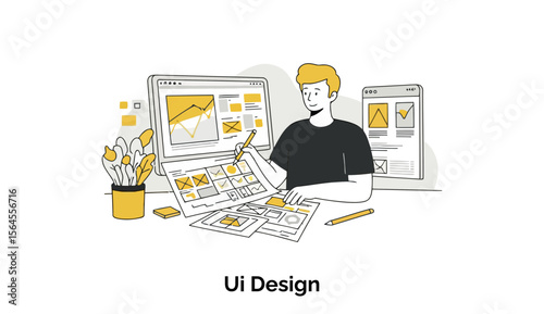 Young male UI designer in a black t-shirt, working on website mockups at a desk with multiple computer screens and design documents. Focused on design project at home office.