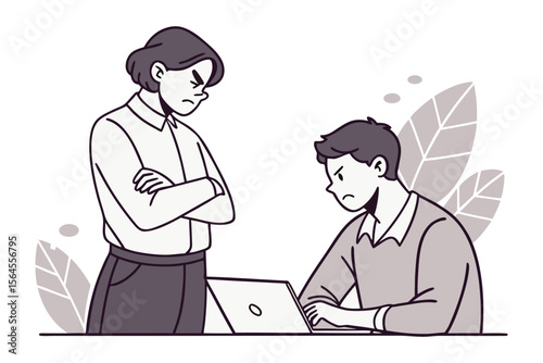 Frustrated manager scolding employee working on laptop amidst office stress and disagreement