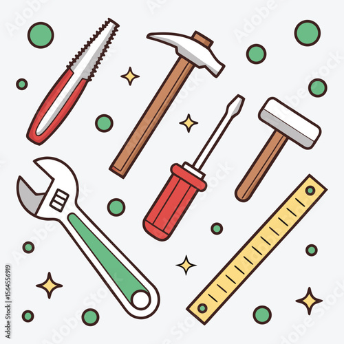 Flat design illustration of various tools including a wrench hammer screwdriver and ruler