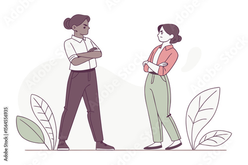 Two women with arms crossed facing each other in disagreement with stylized leaves in the background conveying conflict