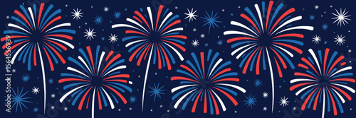 colorful red, white, and blue fireworks exploding in night sky with stars, ideal for patriotic celebrations and festive holiday events