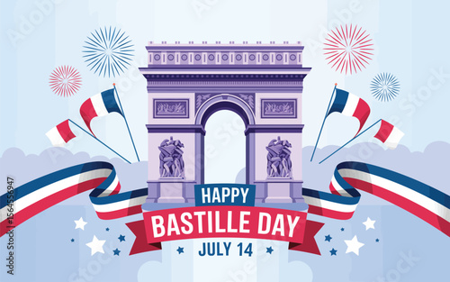 Happy Bastille Day celebration with Arc de Triomphe, French flags, fireworks, ribbon banner, and festive atmosphere on July 14