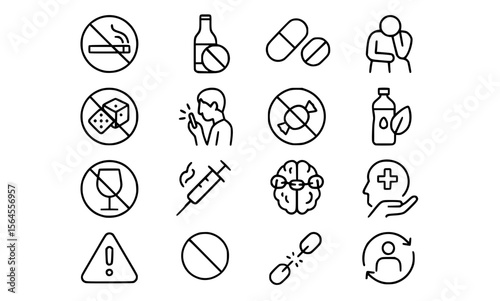 Addiction Recovery and Mental Health Icon Set - Substance Abuse, Healthcare, Support, Wellness Vector Icons